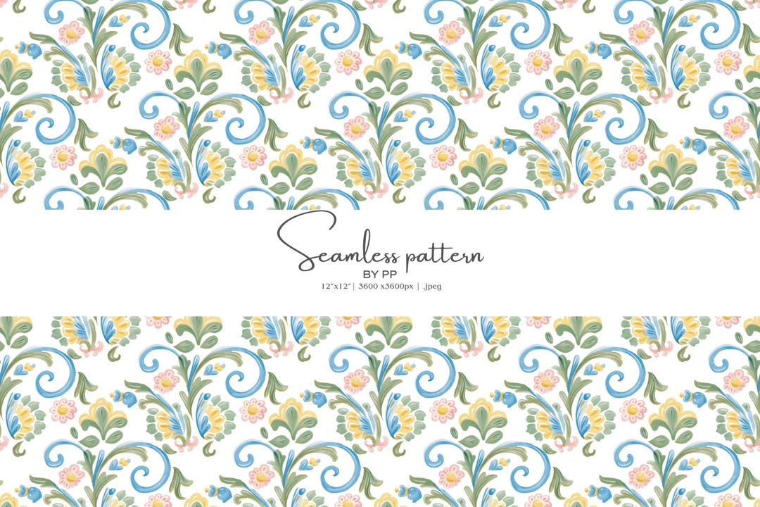 Ornamental Folk Seamless Pattern, Vintage Floral Scroll Design, Hand ...