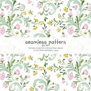 May include: A seamless floral pattern featuring pink and yellow flowers, green leaves, and scrolling vines on a white background. The design includes the text "seamless pattern" and "BY PP". The pattern is 12"x12" and repeats seamlessly.