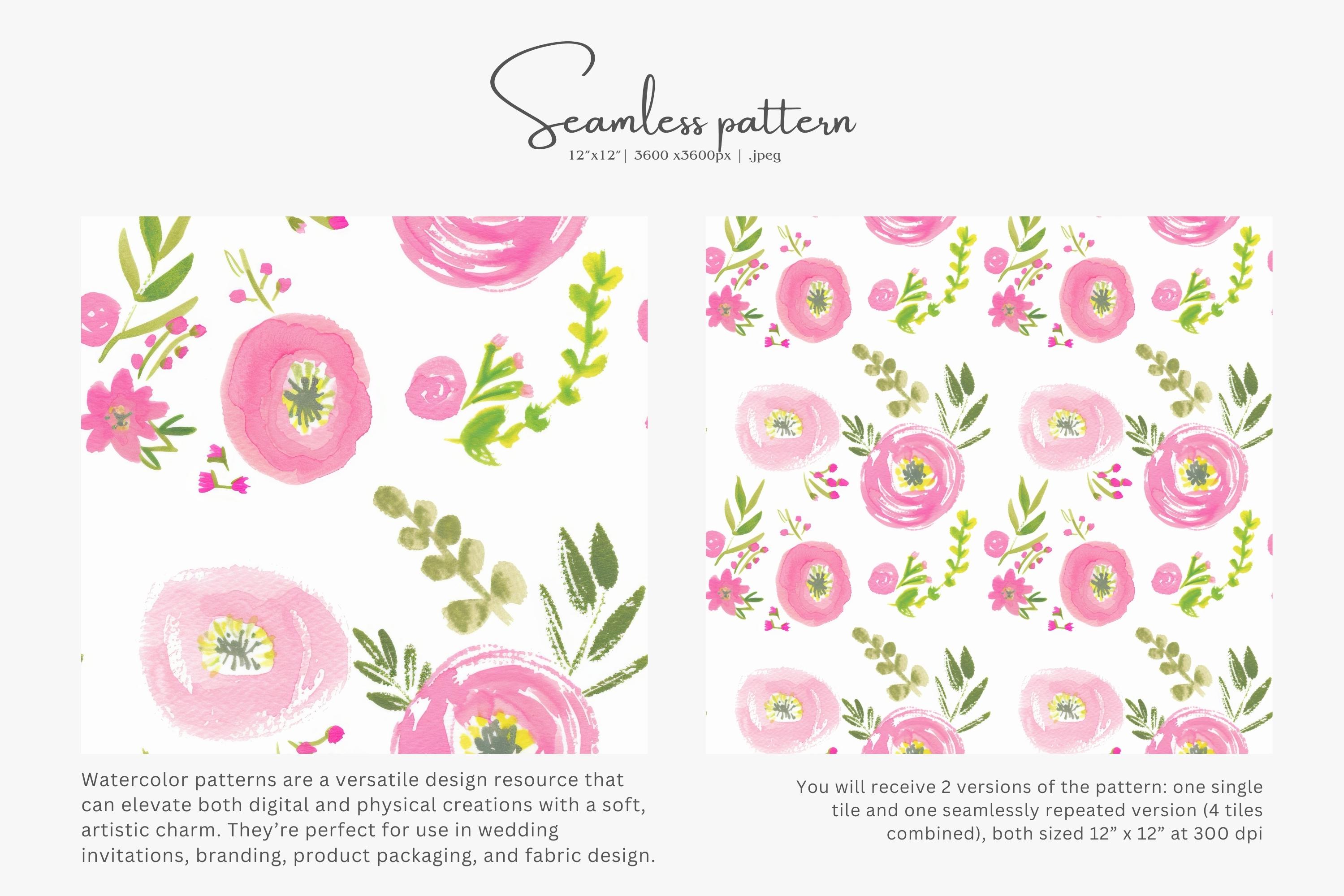 Pink Floral Seamless Pattern, Playful Watercolor Flowers Digital Paper ...