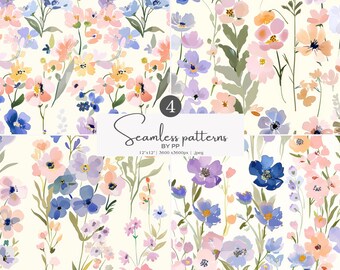 wildflower pattern, pastel flowers, watercolor bundle, seamless background, spring floral, digital paper, soft blooms, romantic florals jpeg