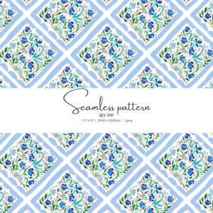 May include: Seamless pattern design featuring a repeating floral motif in a diamond grid. The pattern showcases blue flowers, green leaves, and peach accents on a white background, framed by light blue lines. The text "Seamless pattern" is displayed.
