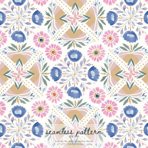 Könnte beinhalten: Nahtloses Aquarellmuster mit rosa und blauen Blumen, goldenen Akzenten und Blättern auf weißem Hintergrund. Der Text "seamless pattern" und "by PP" ist im Design enthalten.