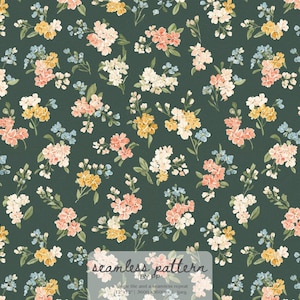 May include: Seamless floral pattern featuring clusters of pink, yellow, white, and blue flowers on a dark green background. The design includes small leaves and stems, creating a repeating botanical motif. The text "seamless pattern" is visible.