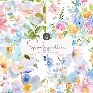 Pode incluir: Quatro padrões sem costura em aquarela com uma variedade de flores coloridas em tons de rosa, azul, amarelo e laranja. Os padrões incluem arranjos florais com folhas e caules. A imagem inclui o texto "Seamless patterns by PP".
