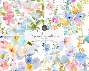 watercolor clipart,  illustration, floral bundle, seamless pattern, spring garden, pastel flowers, meadow florals, digital paper,soft flower