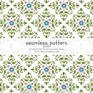May include: A seamless pattern design featuring a repeating floral motif. The pattern includes blue, pink, and green floral elements on a white background. The text "seamless pattern" is displayed in the image.