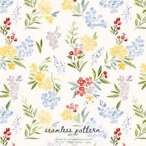 Puede incluir: Patrón floral acuarela con flores amarillas, azules, rojas y moradas y hojas verdes sobre fondo crema. El diseño incluye el texto "seamless pattern" y las dimensiones del patrón.