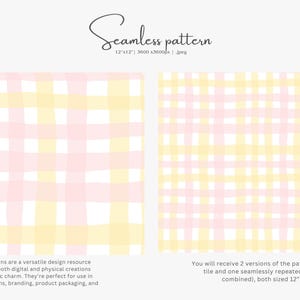May include: Watercolor seamless pattern in pink and yellow gingham design. The image shows two versions of the pattern, with the text "Seamless pattern" at the top. The pattern is 12" x 12" and is suitable for various design applications.