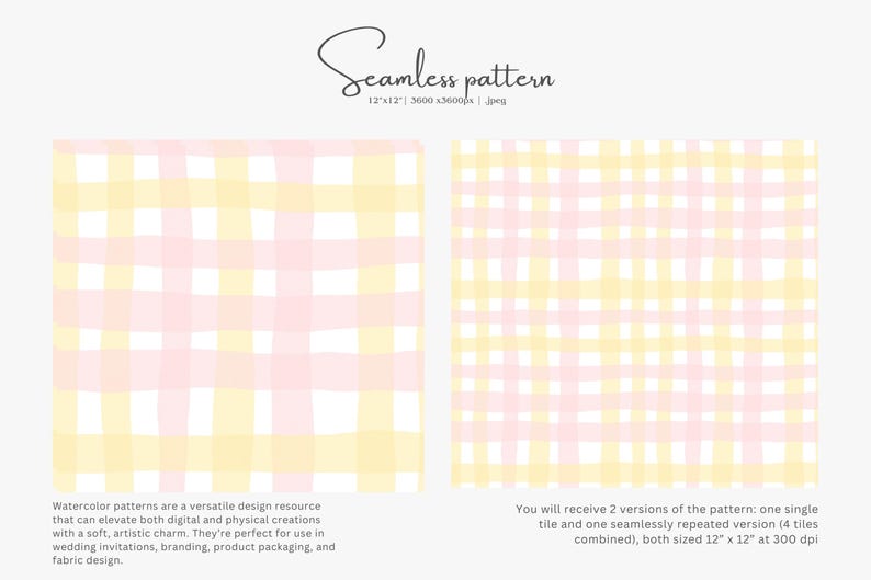 May include: Watercolor seamless pattern in pink and yellow gingham design. The image shows two versions of the pattern, with the text "Seamless pattern" at the top. The pattern is 12" x 12" and is suitable for various design applications.