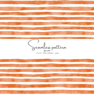 May include: Seamless pattern design featuring horizontal orange watercolor stripes on a white background. The text "Seamless pattern" is displayed in a cursive font. The image dimensions are 12"x12" and 3600x3600px.