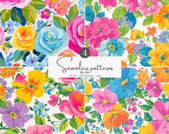 bold floral, seamless pattern, painterly flowers, digital paper, bright blooms, vibrant garden, flower clipart, oil painted, colorful petals