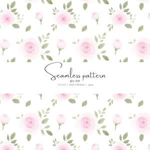 May include: A seamless pattern featuring watercolor-style pink roses and buds with green leaves on a white background. The design includes the text "Seamless pattern" by PP.