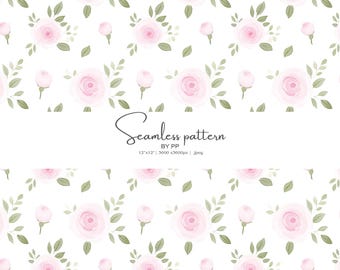 Padrão sem costura de rosas cor-de-rosa, estampa floral em aquarela com tons de blush, design botânico com folhas, papel digital de 30 x 30 cm (12 x 12 polegadas), formato JPEG.