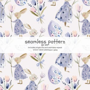 May include: A seamless pattern featuring watercolor illustrations of bunnies in lavender dresses, holding flowers, with Easter eggs and floral bouquets. The text "seamless pattern" is displayed.