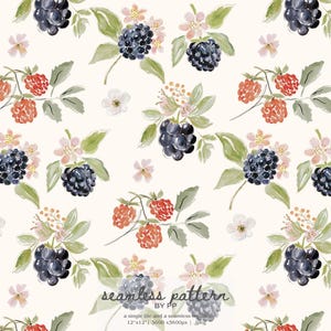 blackberry raspberry seamless pattern, watercolor berry print, mixed berries design, cottagecore fruit pattern, botanical berry repeat tile