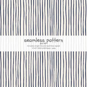 May include: Seamless pattern design featuring vertical navy blue brushstrokes on a cream background. The image includes the text "seamless pattern" and details about the tile size, 12"x12".