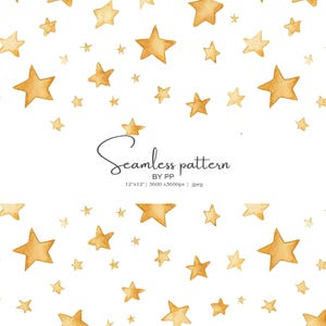 May include: A seamless pattern with watercolour-style golden stars of different sizes on a white background. The text "Seamless pattern BY PP" is displayed in the centre. The image dimensions are 30.48cm x 30.48cm at 3600 x 3600px.