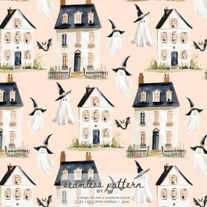 May include: A seamless Halloween-themed pattern featuring watercolor illustrations of haunted houses, witch hats, ghosts, and bats on a peach background. The text "seamless pattern" and other details are included.