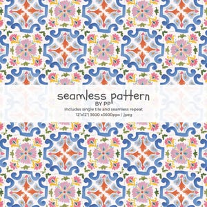 Pode incluir: Design de padrão sem costura com um motivo floral e geométrico repetitivo em tons de azul, rosa, laranja e amarelo sobre um fundo branco. O design inclui o texto "seamless pattern" e "BY PP".