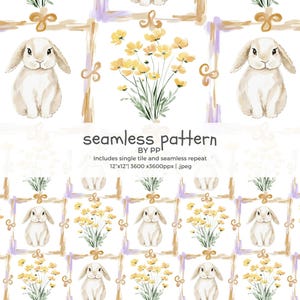 May include: Watercolor seamless pattern featuring a repeating design of white rabbits, yellow flowers, and decorative frames. The text "seamless pattern" is displayed. The pattern is designed for a 12x12 inch tile and seamless repeat.