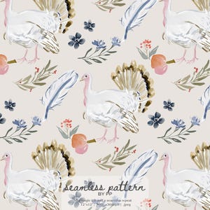 May include: A seamless pattern featuring watercolor illustrations of white turkeys with brown tail feathers, blue feathers, and floral elements on a beige background. The design includes text that reads "seamless pattern by PP".