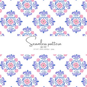 May include: Seamless pattern featuring a repeating floral design in shades of pink, blue, and purple on a white background. The text "Seamless pattern" is displayed in a script font. The pattern is 12"x12" and 3600x3600px.