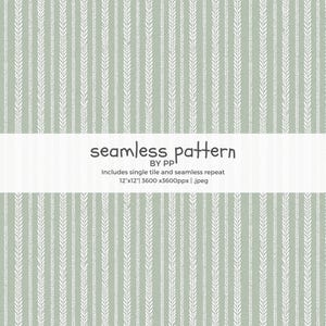 May include: A seamless pattern design featuring vertical rows of white leaf-like shapes on a muted green background. The words "seamless pattern" are displayed in white text on a white banner. The design includes a single tile and seamless repeat.