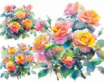 9 Watercolor Rose Clipart Rose Bouquet Clipart Card Making Mixed Media Pink and Yellow Flowers Clipart Junk Journal Scrapbooking Jpeg