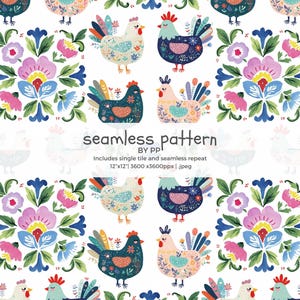 May include: A seamless pattern featuring colorful chickens and floral elements on a white background. The design includes various chicken illustrations with detailed feathers and crowns, alongside stylized flowers. The text "seamless pattern" is displayed.