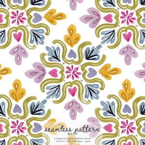 May include: A seamless watercolour pattern with a repeating floral design. The pattern features stylized flowers and leaves in shades of yellow, pink, blue, and green on a white background. The text "seamless pattern" is visible.