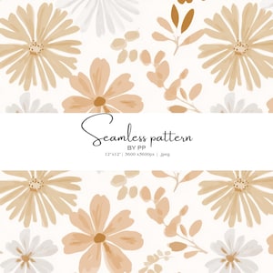 May include: Seamless floral pattern featuring tan and white daisy-like flowers and leaves on a white background. The text "Seamless pattern" is displayed in a script font. The image is labeled "12"x12" | 3600 x 3600px | .jpeg".