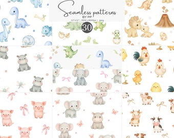 watercolor baby animal seamless patterns, cute nursery jpg set, soft pastel animal designs for fabric, scrapbooking, and wrapping paper