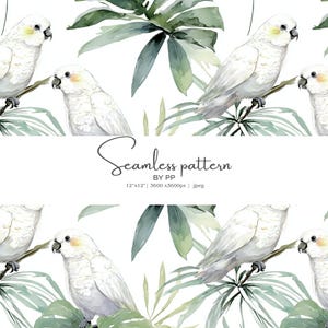 Op de afbeelding: Naadloos aquarelpatroon met witte kaketoes op takken, omringd door groene tropische bladeren. Het ontwerp bevat de tekst "Seamless pattern BY PP" en afmetingen van 12x12 inch en 3600x3600 pixels.
