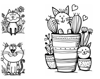 9 Coloring Pages - Cute Cat Clipart - Kids Coloring - Adult Coloring - Printable Designs Junk Journal - Scrapbooking - Art Pages Jpeg