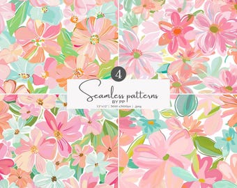 pastel floral, seamless pattern, pink flowers, mint green, digital paper, wedding paper, feminine design, spring blooms, peach flowers, jpeg