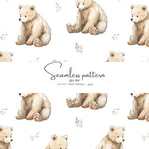 Puede incluir: Patrón sin costuras con ilustraciones de acuarela de osos de color marrón claro en varias poses, sobre un fondo blanco con pequeños acentos de hojas verdes. El texto "Seamless pattern" se muestra en una fuente de escritura.