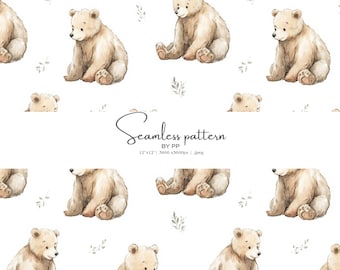 watercolor teddy bear seamless pattern, cute nursery bear print, baby woodland animal background, neutral kids fabric digital paper jpeg