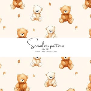 teddybeer, babypatroon, kinderkamerontwerp, naadloze print, pluche beer, aquarel beer, neutraal decor, schattige clipart, digitaal papier, baby jpeg