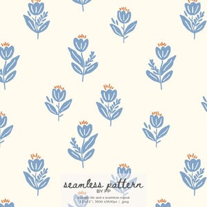 May include: A seamless pattern featuring stylized blue flowers with orange centers and green leaves on a cream background. The text "seamless pattern by PP" is at the bottom. The pattern is a single tile and a seamless repeat.
