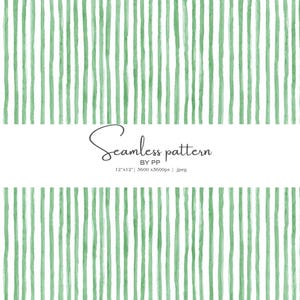 以下が含まれることがあります： 白い背景に、緑色の水彩画の縦縞模様のシームレスパターン。 「Seamless pattern」のテキストは筆記体で表示され、寸法は30.48cm x 30.48cm、ファイルの種類は.jpegです。