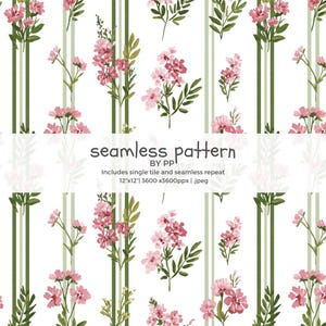 sage green floral stripe seamless pattern, pink heirloom botanical design, grand millennial wallpaper, cottagecore vintage stripe background