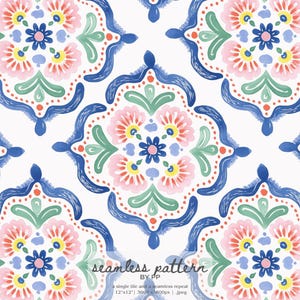 Pode incluir: Padrão floral contínuo, em estilo aquarela, com flores rosa, azuis, verdes e amarelas sobre fundo branco. O texto "seamless pattern" é visível na parte inferior da imagem.