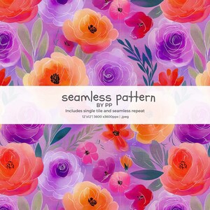 May include: A seamless floral pattern with watercolour flowers in orange, purple, and pink on a lavender backdrop. The design includes roses, poppies, and other floral elements, with the text "seamless pattern" and "BY PP".