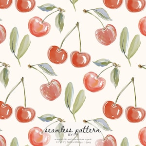 cherry seamless pattern, watercolor cherry print, simple fruit pattern, cute red cherry design, minimalist summer fruit repeat, fabric tile