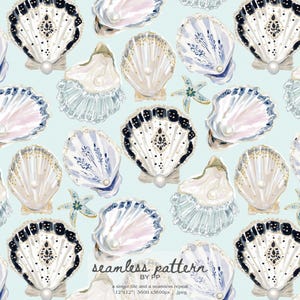 May include: A seamless pattern featuring watercolor illustrations of seashells, starfish, and pearls on a light blue background. The shells have intricate details with white, black, and pastel pink accents. The text "seamless pattern" is visible.