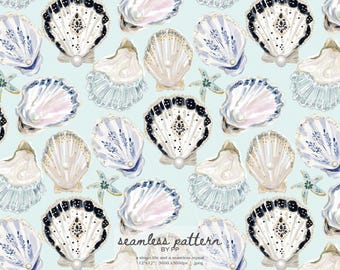 luxury shell pattern, coastal pearl wallpaper, elegant seashell print, hamptons beach house design, soft blue nautical seamless pattern jpeg