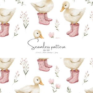 cute duck, nursery pattern, pink boots, baby design, watercolor duck, seamless print, farm nursery, spring decor, digital paper,baby clipart