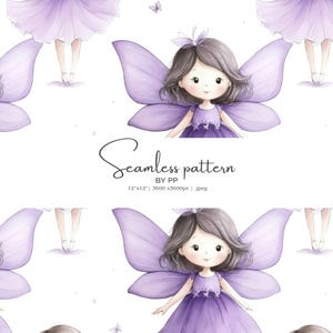 Clipart de hadas, hada morada, hada de acuarela, patrón sin costuras, niña de guardería, patrón mágico, hada linda, patrón infantil, alas de bailarina