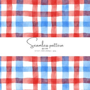 May include: Watercolor seamless pattern in red, blue, and white. The design features a plaid or gingham pattern with intersecting vertical and horizontal lines. The text "Seamless pattern" is displayed in a white rectangle.