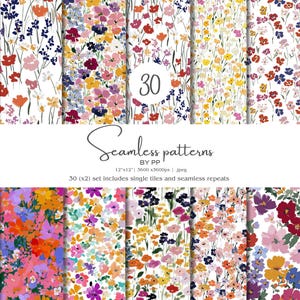 Könnte beinhalten: Eine Sammlung von 30 nahtlosen Blumenmustern in verschiedenen Farben, darunter Rosa, Lila, Gelb und Orange. Die Muster zeigen Blumen und Blätter im Aquarellstil. Das Bild enthält den Text "Seamless patterns" und die Zahl "30".